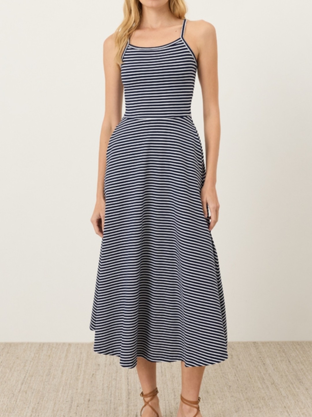 PACT - BRAND NEW- Striped Navy and White Midi Dress with Spaghetti Straps